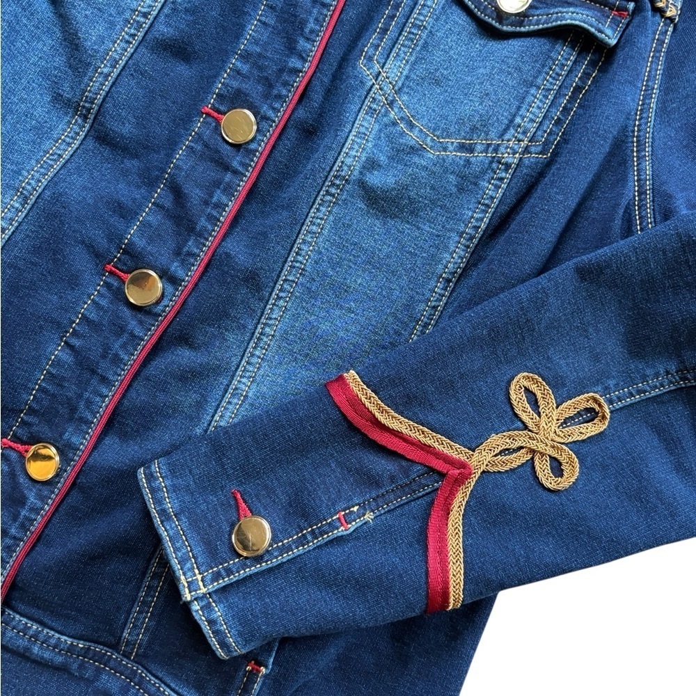 Chico’s Zenergy Denim Military Jacket Sz M/1 Stitching Stretch Dark Wash Pockets - Picture 2 of 7